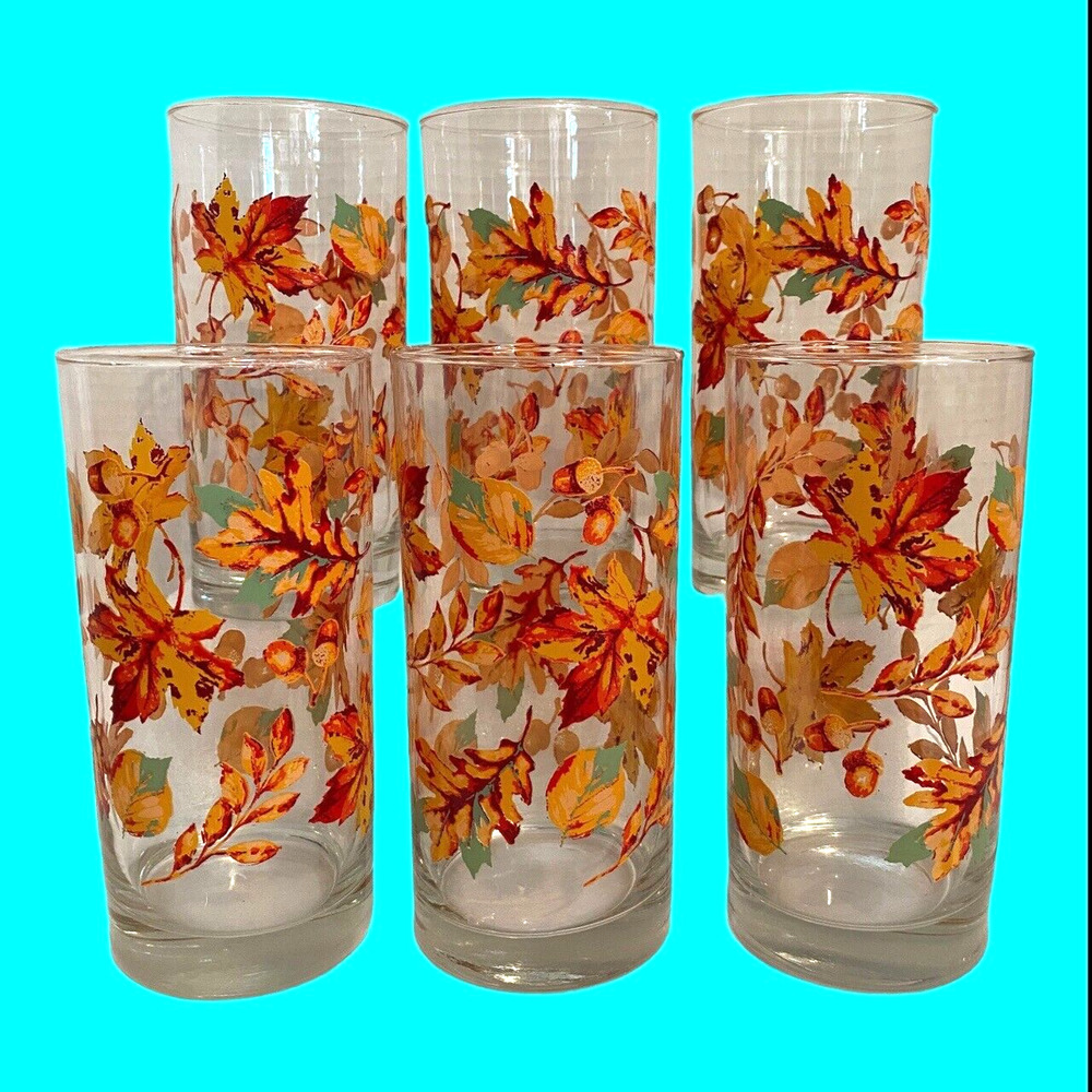 Autumn Fall Leaves Greenbrier International - 6 Drinking Glasses Tumblers 16 oz